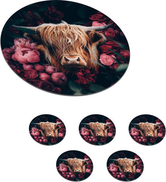 Sous-verres animaux - Sous-verres pour verres - Highlander écossais - Ronds - Animaux - Fleurs - 10x10 cm - 6 pièces