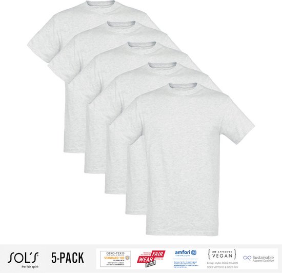 5 Pack Sol's Heren T-Shirt 100% biologisch katoen Ronde hals Ash Grey Maat M