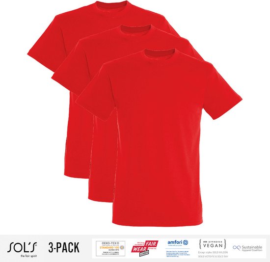 3 Pack Sol's Jongens/Meisjes T-Shirt 100% biologisch katoen Ronde hals Rood Maat 118/128 (7/8 Jaar)