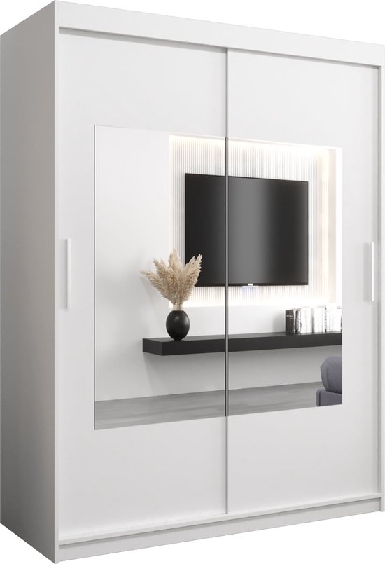 InspireMe - Kledingkast met 2 schuifdeuren, Modern-stijl, Een kledingkast met planken en een spiegel (BxHxD): 150x200x62 - TRINA 150 Wit Mat