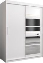 InspireMe - Kledingkast met 2 schuifdeuren, Modern-stijl, Een kledingkast met planken en een spiegel (BxHxD): 150x200x62 - VENEZIA I 150 Wit Mat met 2 lades