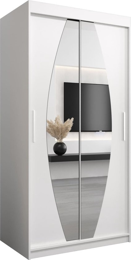 Witte kledingkast met 2 schuifdeuren, waarvan één spiegel met ovale decoratie. Geïsoleerd op witte achtergrond.