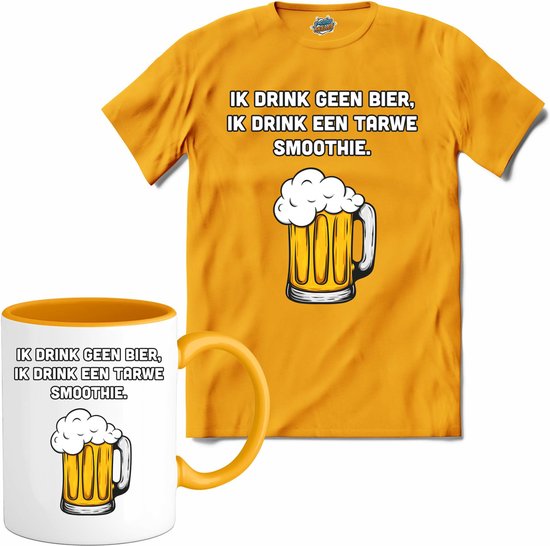 Geen bier maar een tarwe smoothie - Bier kleding cadeau - bierpakket kado idee - grappige bierglazen drank feest teksten en zinnen - T-Shirt met mok - Heren - Geel - Maat 3XL