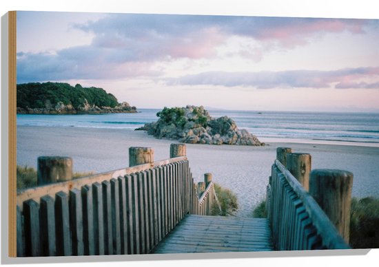 WallClassics - Hout - Trap naar het Strand - 90x60 cm - 12 mm dik - Foto op Hout (Met Ophangsysteem)