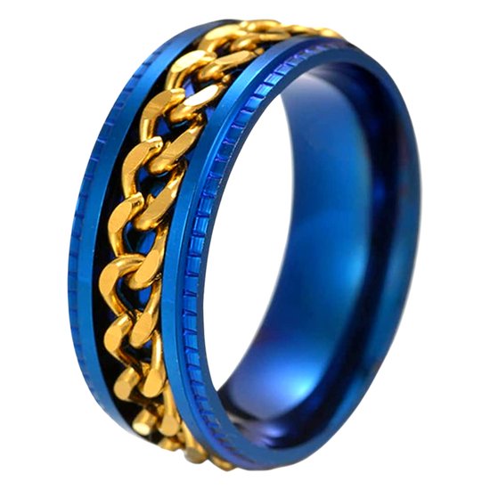 Anxiety Ring - (Ketting) - Stress Ring - Fidget Ring - Fidget Toys - Draaibare Ring - Angst Ring - Blauw-Goud kleurig RVS - (16.00mm / maat 50)
