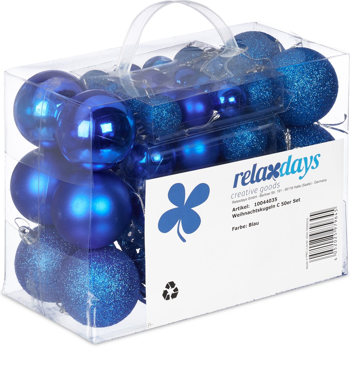 Relaxdays kerstballen set van 50 - traditioneel - kunststof - kerstboomversiering - los - blauw