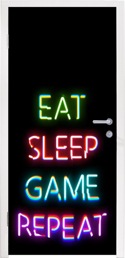 Deursticker Gaming - Led - Quote - Eat sleep game repeat - Gamen - 75x205 cm - Deurposter