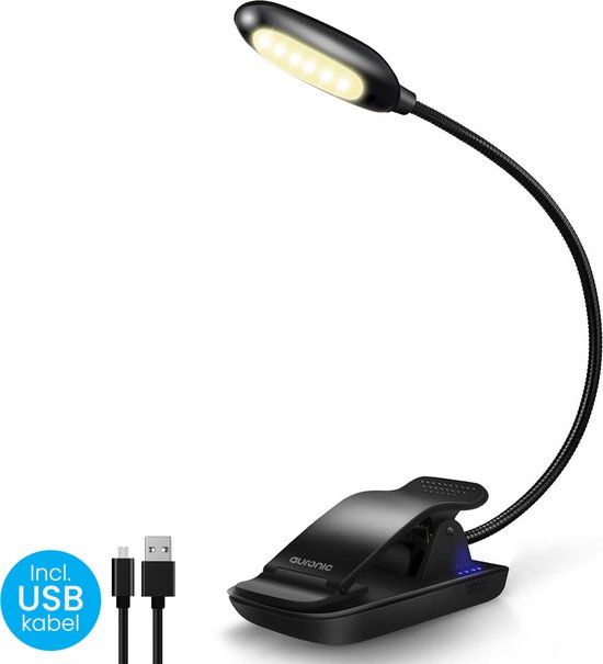 Auronic Leeslamp USB Oplaadbaar met Klem - Leeslampje voor Boek - Draadloos - Dimbaar - Verstelbaar - Flexibel - Zwart