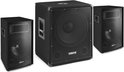 Set van drie zwarte Vonyx luidsprekers: twee kleinere speakers en een subwoofer.