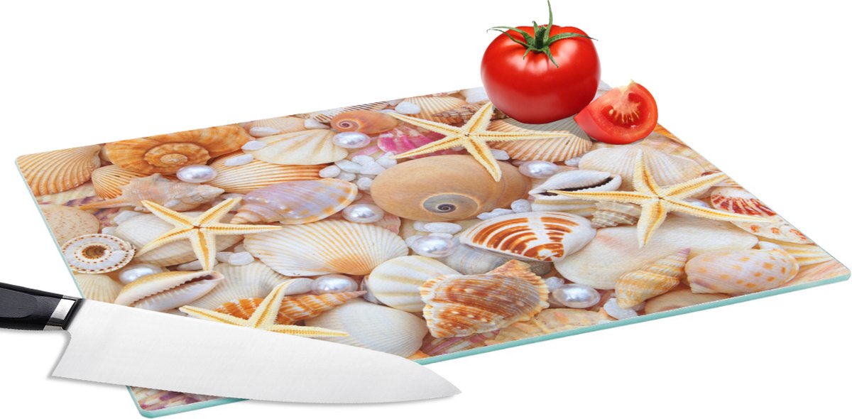 Glazen Snijplank - 39x28 - Schelpen - Parels - Zeesterren - Strand - Snijplanken Glas