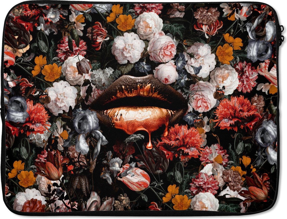 Laptophoes 15.6 inch - Lippen - Bloemen - Verf - Oranje - Kunst - Abstract - Oude meesters - Laptop sleeve - Binnenmaat 37x26 cm - Zwarte achterkant