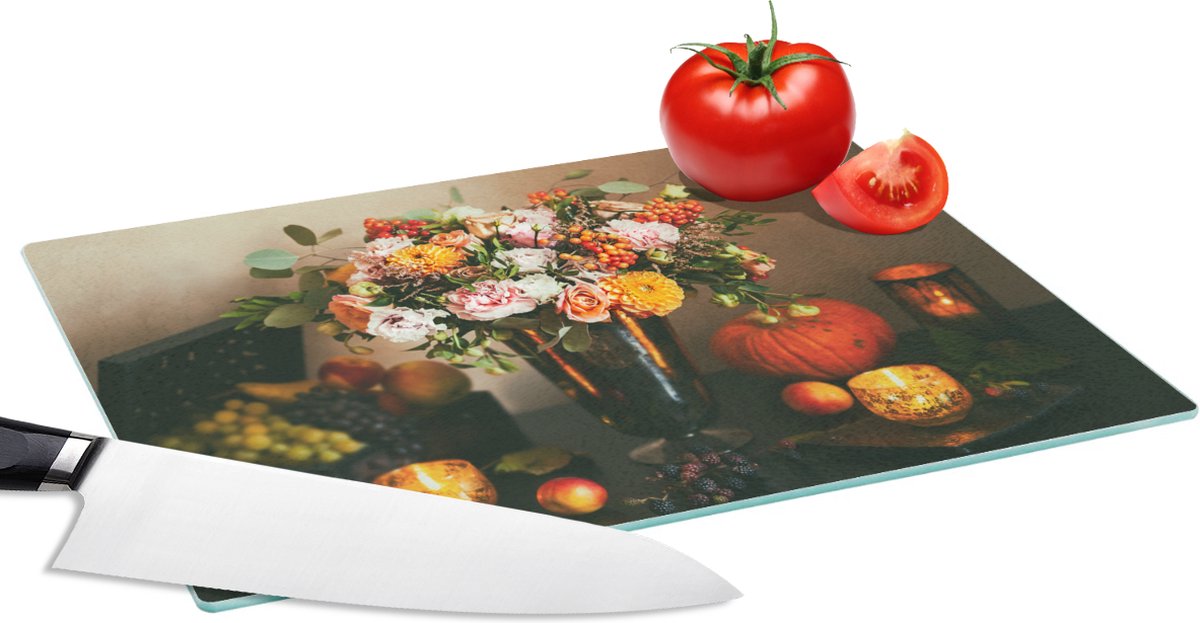 Glazen Snijplank - 28x20 - Stilleven - Pompoen - Kaarsen - Snijplanken Glas