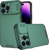 Mobigear Hoesje geschikt voor Apple iPhone 14 Pro Telefoonhoesje Hardcase | Mobigear Cam Slide Backcover met Camera Slider | iPhone 14 Pro Case | Back Cover - Groen