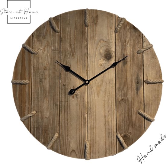 Wandklok - 50 cm - handgemaakt - handmade - streep - hout - stil uurwerk -  landelijk -... | bol.com