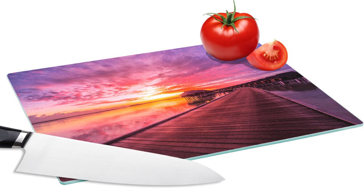 Glazen Snijplank - 28x20 - Steiger - Water - Zon - Roze - Horizon - Snijplanken Glas