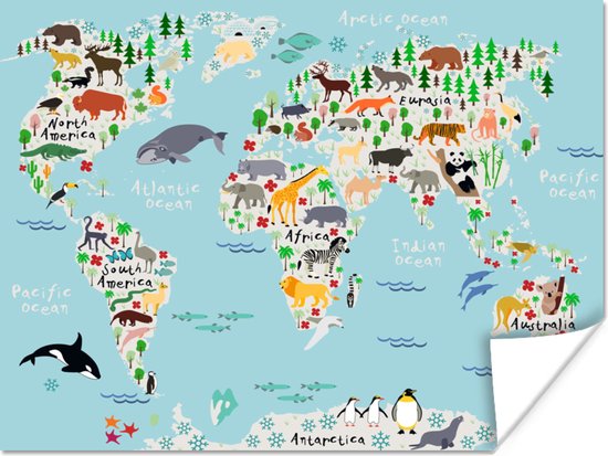 Affiche pour enfants - Peinture enfants - Décoration murale chambre d'enfant - Wereldkaart - Enfants - Animaux - Blauw - Orque - Baleine - 160x120 cm