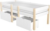 Cadre de lit mezzanine bas pour Kids- Lit avec protection antichute et grand 2 tiroirs - pin massif 90x200 cm - blanc & chêne