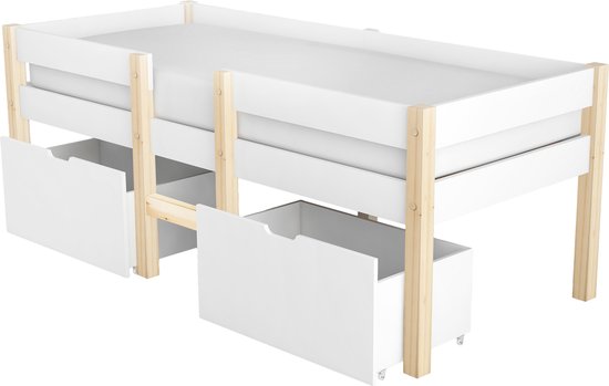 Low Loft Bed Frame For Kids- Bedbed met valbeveiliging en grote 2 lades- grenen massief hout 90x200 cm -wit & eiken