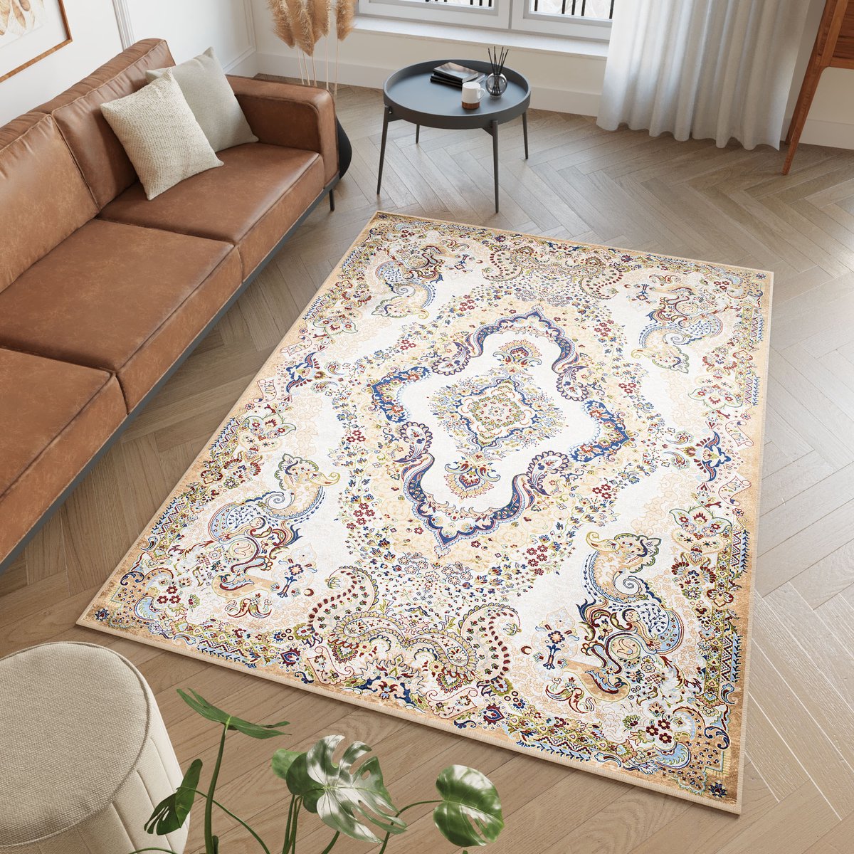 Tapiso Victoria Vloerkleed Perzisch Vintage Antislip Tapijt Maat- 140x200 Beige