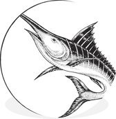 WallCircle - Wandcirkel - Muurcirkel - Een illustratie van een zwart-witte zwaardvis - Aluminium - Dibond - ⌀ 90 cm - Binnen en Buiten