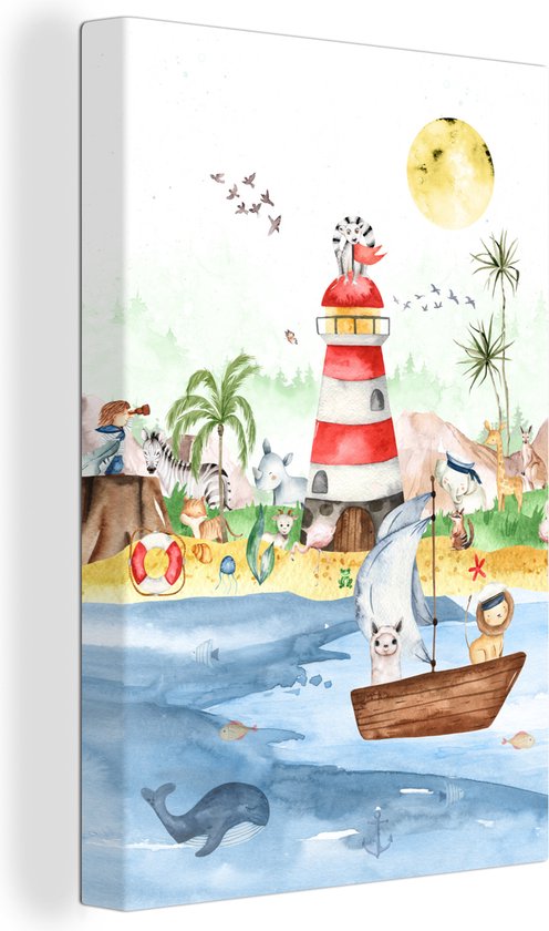 Canvas - Kinderkamer - Kind - Vuurtoren - Strand - Zee - Dieren - Boot - Canvas schilderij - Canvas doek - 80x120 cm