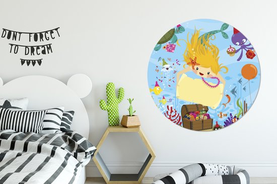 WallCircle - Wall Circle - Wall Circle - Illustration d'une Sirène avec un Coffre au Trésor - Aluminium - Dibond - 120x120 cm - Intérieur et Extérieur XXL