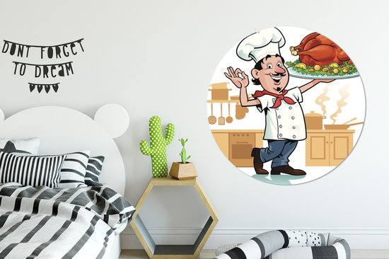 Une illustration d'un cuisinier avec un morceau de viande Cercle mural aluminium ⌀ 120 cm - tirage photo sur cercle mural / cercle vivant / cercle jardin (décoration murale) XXL / Groot format!