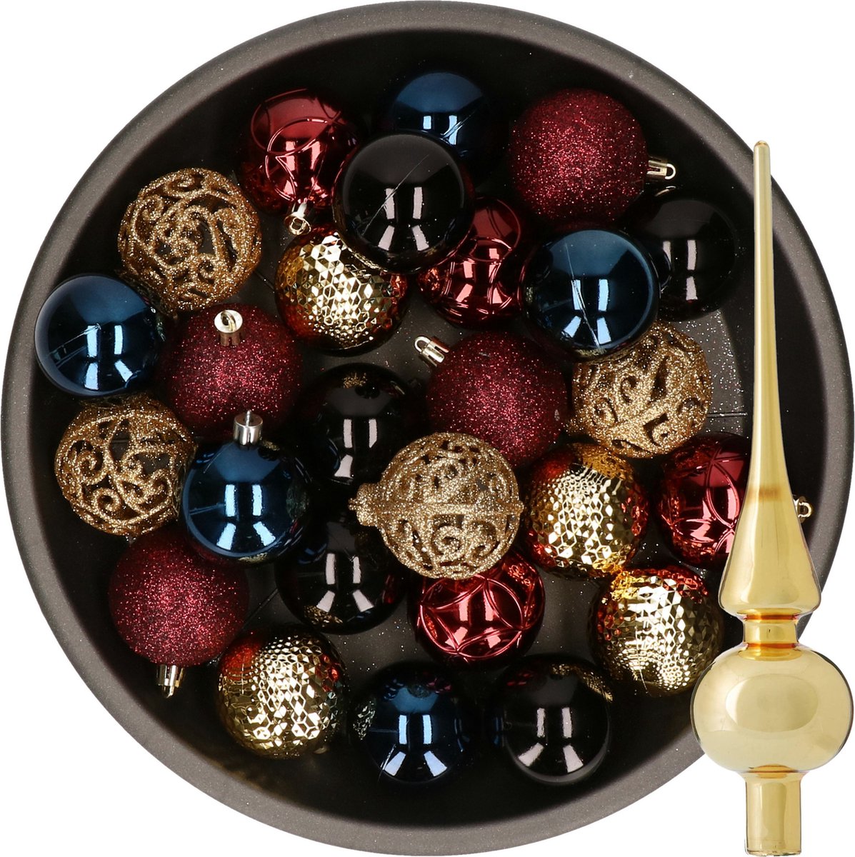 Decoris Kerstballen - 37 ST - kunststof 6 cm - met glazen piek - blauw-goud-rood-zwart