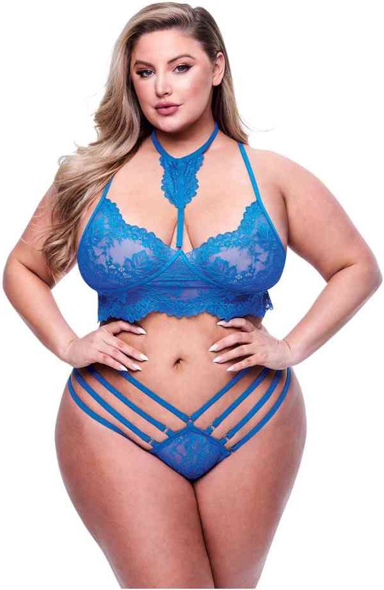 Goedkoopste 2PC STRAPPY LACE BRA & PANTY SET BLUE, QUEEN