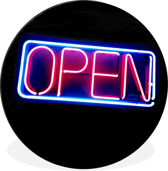 WallCircle - Wandcirkel - Muurcirkel - Een neon bord met de tekst open - Aluminium - Dibond - ⌀ 60 cm - Binnen en Buiten