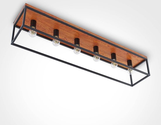 Lindby - plafondlamp - 6 lichts - staal, eikenhout - H: 22.5 cm - E27 - eiken, zwart