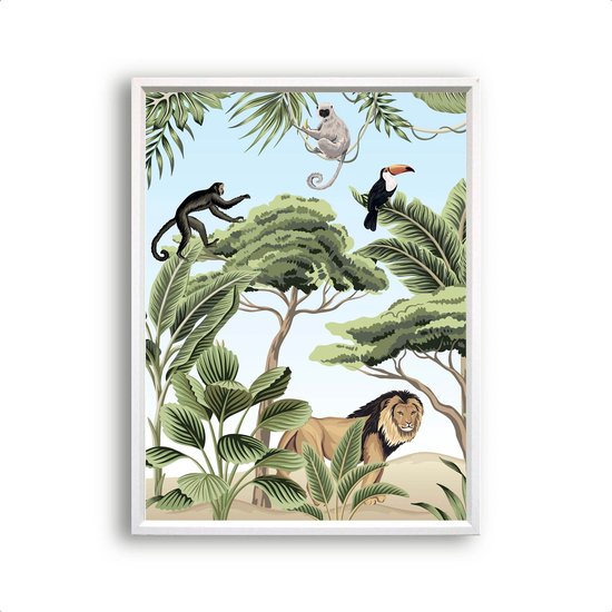 Postercity - Poster Jungle Safari Leeuw Aap Toekan aquarel / waterkleur 1/3 - Jungle/Safari Dieren Poster - Kinderkamer / Babykamer - 50x40cm