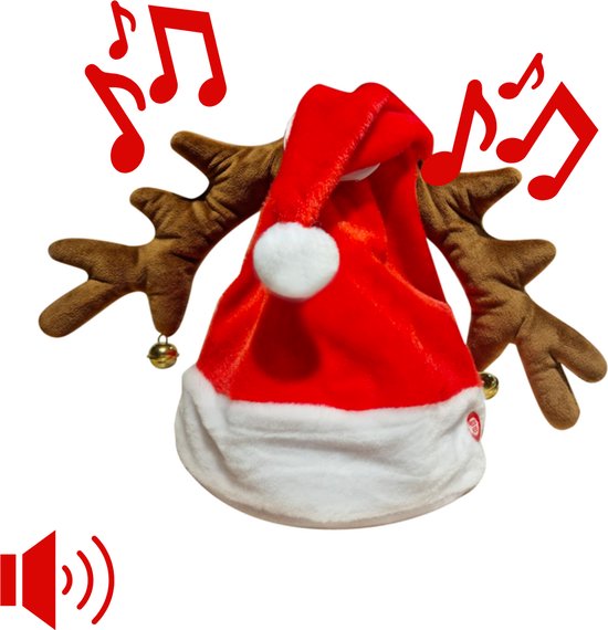 Dansende kerstmuts met muziek en geluid - Verstelbare kerstmuts incl. belletjes voor kinderen en volwassenen - Rendier - 45 cm