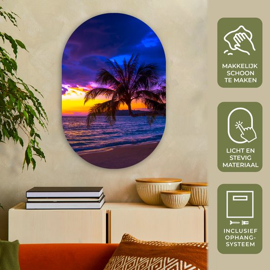 Ovale mural - Décoration murale en plastique - Tableau ovale - Palmier - Violet - Coucher de soleil - Plage - Mer - 60x90 cm - Forme miroir ovale sur plastique
