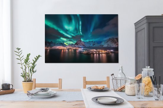 Une peinture des Lofoten avec une aurore verte et bleue au-dessus de montagnes enneigées et de maisons éclairées.