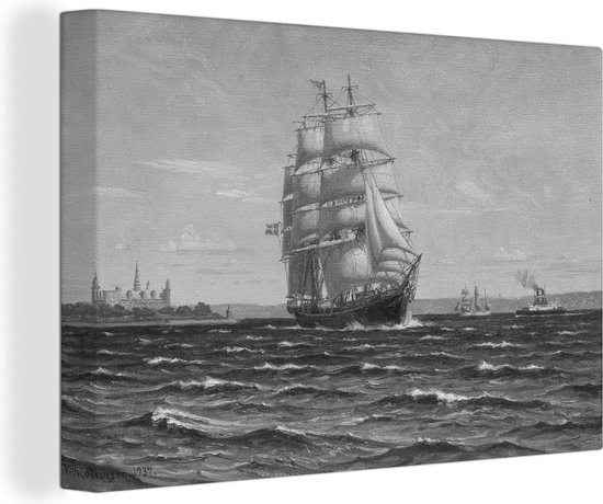 Canvas Schilderij Schoolschip Georg Stage bij Kronborg - Schilderij van Vilhelm Arnesen - zwart wit - 60x40 cm - Wanddecoratie