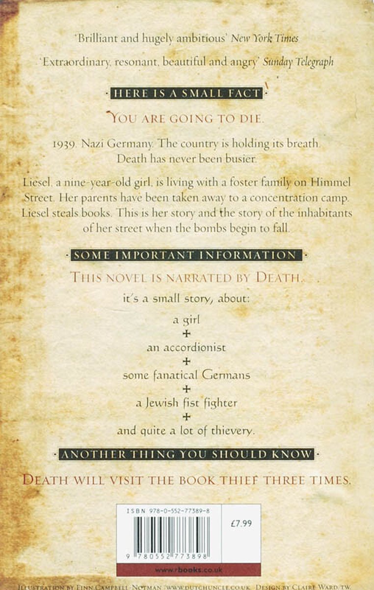 De achterkant van het boek 'The Book Thief'. Bevat tekst en de ISBN-barcode.