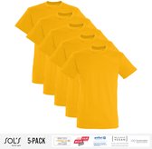 5 Pack Sol's Heren T-Shirt 100% biologisch katoen Ronde hals Geel Maat XL