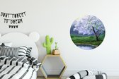 Muurcirkel - Bloesemboom - Water - Olieverf - Canvas natuur - Kamerdecoratie - ⌀ 60 cm - Wandcirkel - Wanddecoratie rond