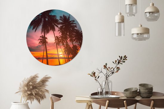 WallCircle - Cercle Mural - Cercle Mural - Mer - Palmier - Coucher de Soleil - Plage - Silhouette - Aluminium - Dibond - 90x90 cm - Intérieur et Extérieur