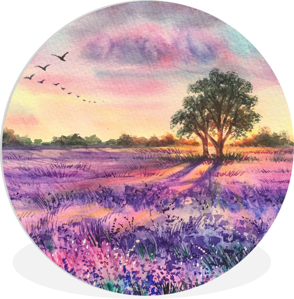 Wandcirkel - Schilderij rond - Lavendel - Verf - Bloemen - Vogel - Bomen - Muurcirkel bloemen - Wanddecoratie rond - ⌀ 60 cm - Kunststof - Muurdecoratie cirkel - Muurcirkel binnen