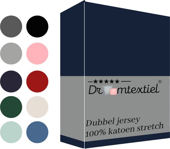 Droomtextiel Dubbel Jersey Hoeslaken Navy Blauw Eenpersoons 90x200 cm 100% Katoen - Hoge Hoek - Heerlijk Zacht - Strijkvrij - Rondom elastiek - Stretch - Dubbel Dikke Kwaliteit -