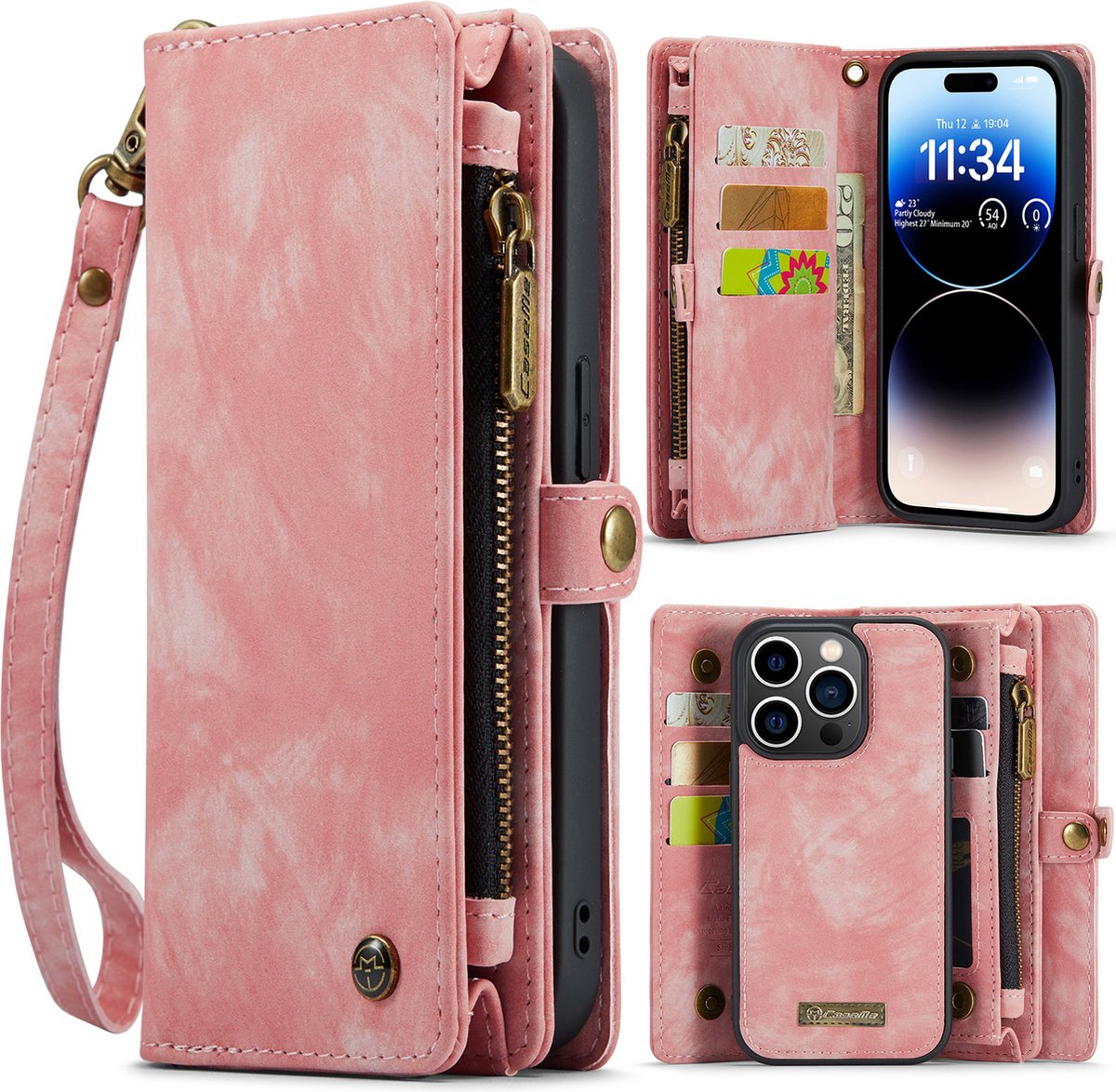 Caseme Geschikt Voor iPhone 14 Pro hoesje - Vintage Portemonnee Roze