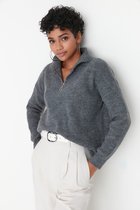 Trendyol Vrouwen Lage mouw Basis Antracietkleurige gebreide sweater met rits en textuur TWOAW20XS0009