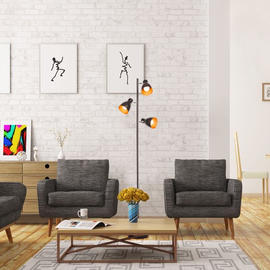 B.K.Licht - Industriële Vloerlamp - zwart gouden - voor binnen - voor woonkamer - zwarte staande lamp - staanlamp - leeslamp - draaibar - met 3 lichtpunten - E27 fitting - excl. lichtbronnen