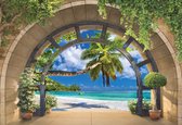 Fotobehang - Vlies Behang - Uitzicht op de Palmboom, het Strand en de Zee door het Raam 3D - 312 x 219 cm