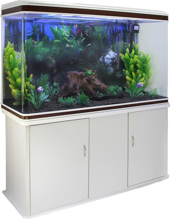 MonsterShop Aquariums - Aquarium - inclusief Filter Pomp Verwarming Verlichting Decoratie Planten - Witte Meubel - Zwart Grind