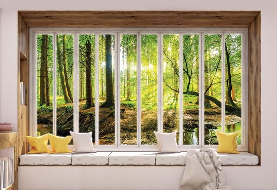 Fotobehang - Vlies Behang - 3D - Uitzicht op het Zonnige Bos vanuit het Raam - 254 x 184 cm