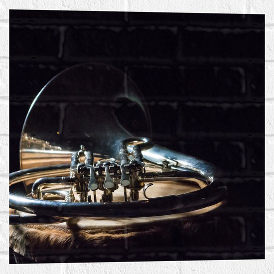 Muursticker - Liggend Gouden Blaasinstrument tegen Zwarte Achtergrond - 50x50 cm Foto op Muursticker