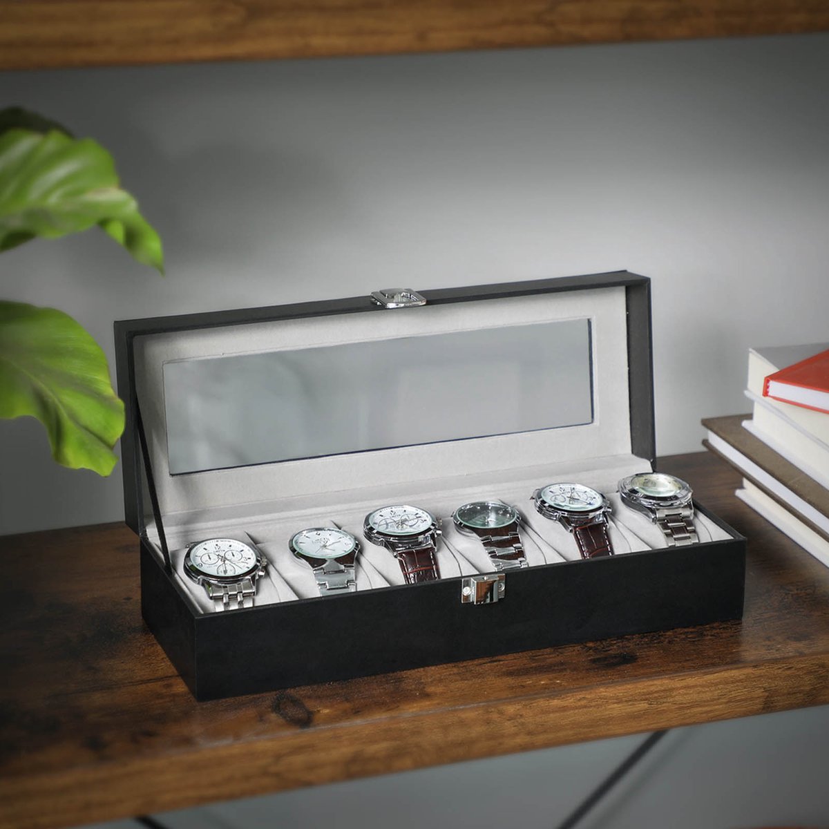 Horlogebox - Horlogedoos - Horlogedoos - Horlogeboxen voor heren - Horlogeboxen voor dames - Voor 12 horloges - Zwart - Grijs